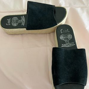 Women’s 9 cool my shoes BLACK suede espadrilles slides sandals platform used ET